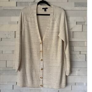 LANDS' END 100% Cotton Thermal Knit Longline Cardigan Sweater Cream Space Dye L